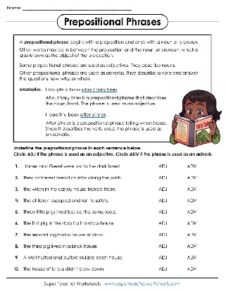 prepositional phrases worksheet 6th grade