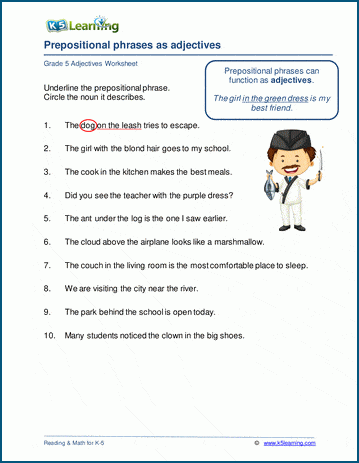 prepositional phrases worksheet 7th grade