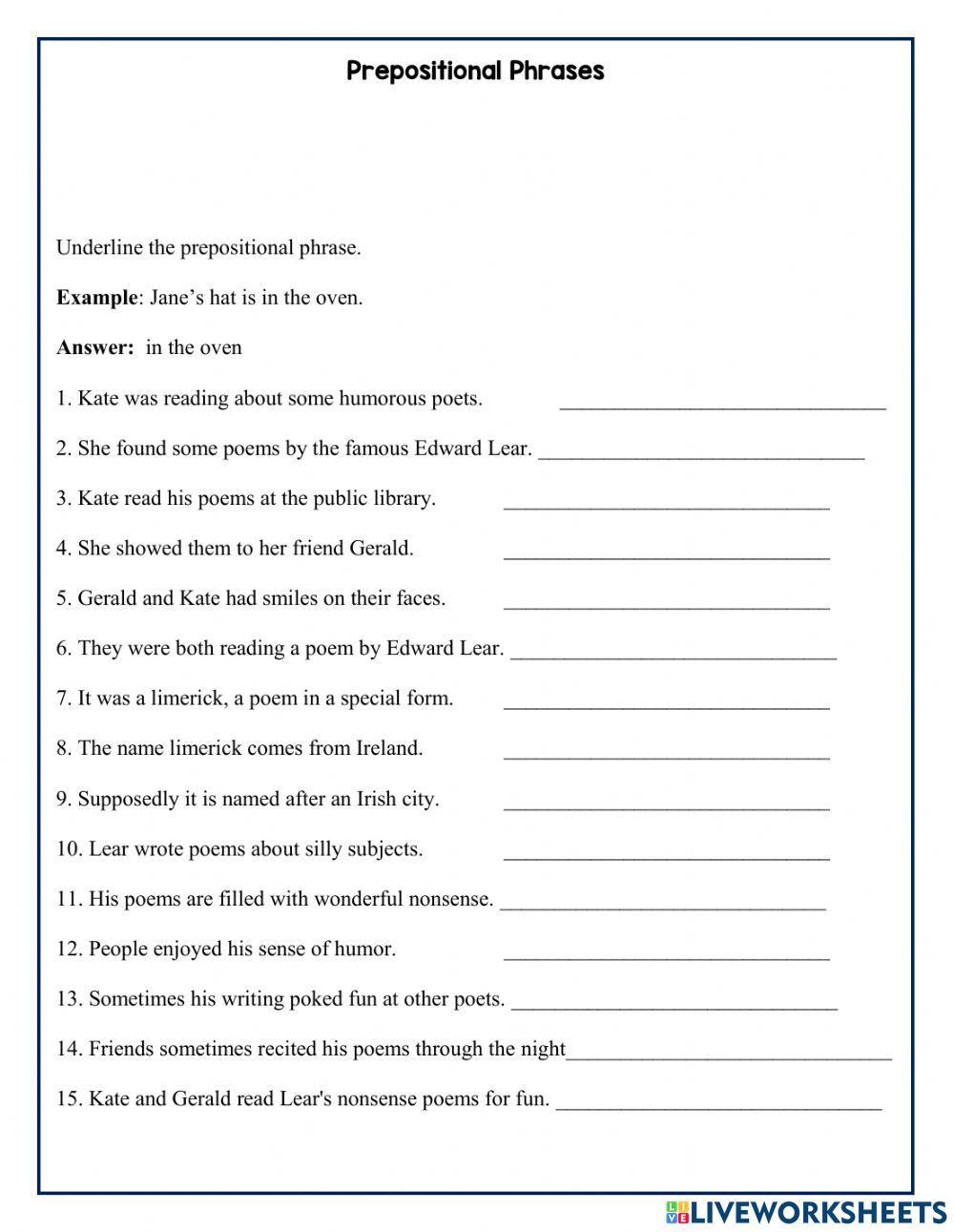 Prepositional Phrases worksheet for Grade 5  