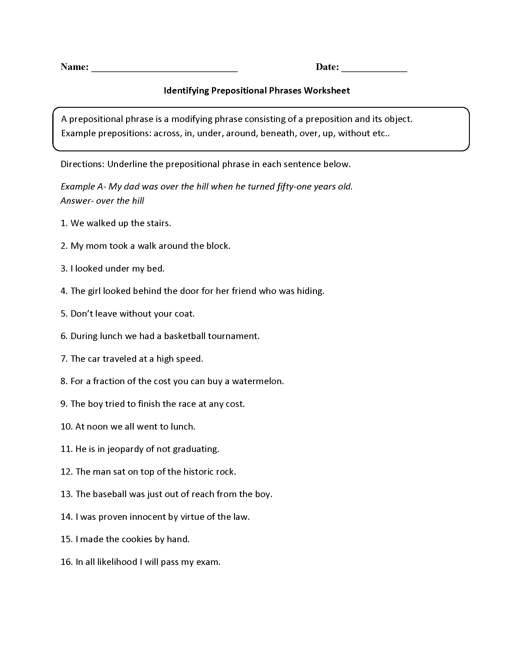 prepositional phrases worksheet answer key