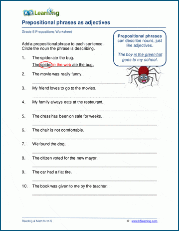 Prepositional phrases as adjectives worksheets for grade 5 | Worsheets library...