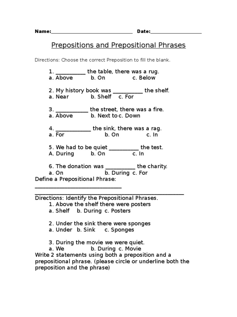 prepositional phrases worksheet answers