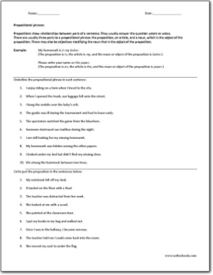 Prepositional phrases Worksheet