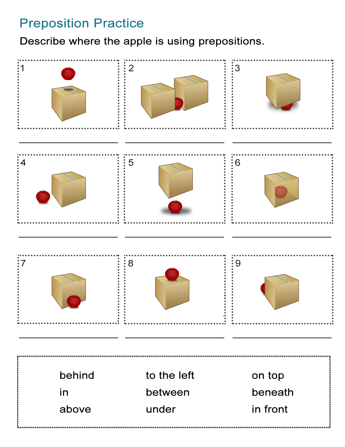 Prepositions of Location Worksheet: Where is the Apple? - ALL ESL