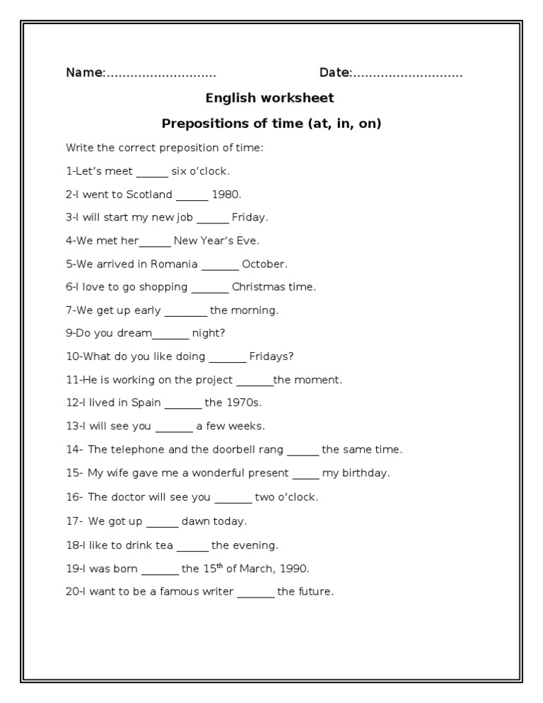 prepositions of time worksheet