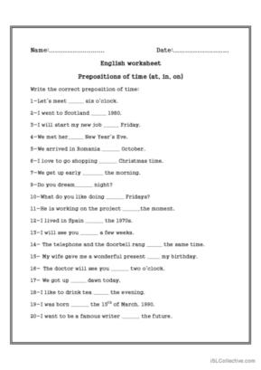 Prepositions of time - Quiz 1
