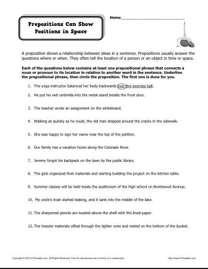 prepositions worksheet 5th grade