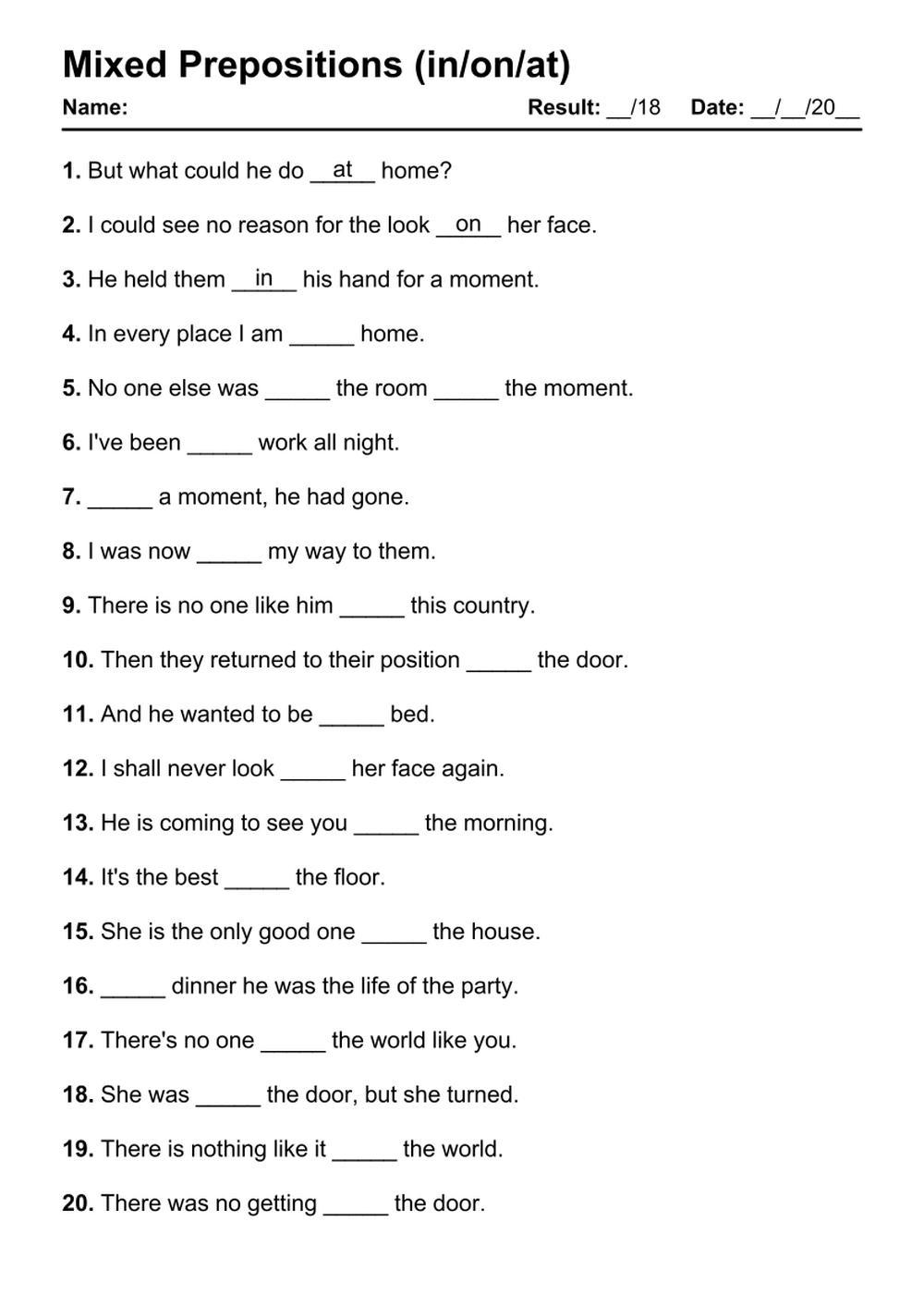 prepositions worksheet with answers
