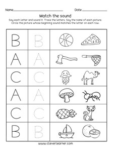 Letter a, b, c sounds matching phonics worksheets for preschool ...