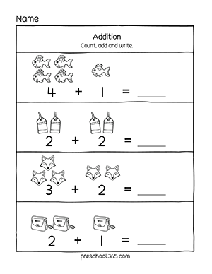 Simple Addition Activity worksheets for children in PreK L2