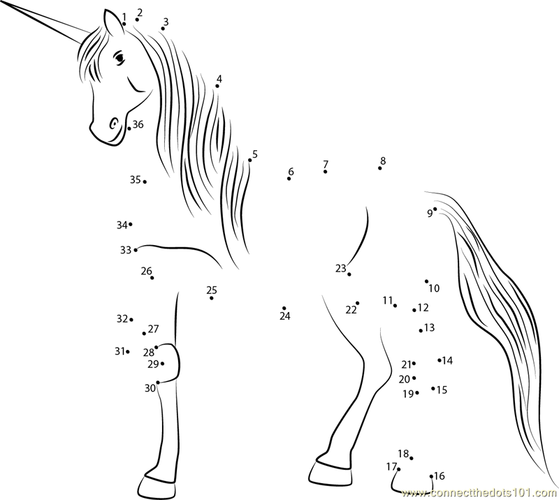 Unicorn Walking dot to dot printable worksheet - Connect The Dots
