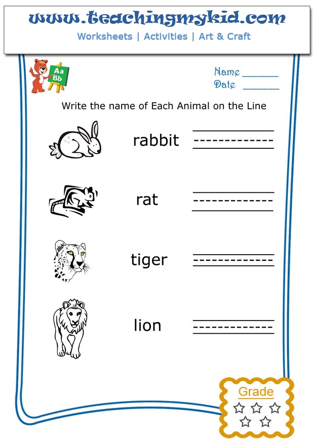 Free preschool worksheets - Write the name of each animal - 5