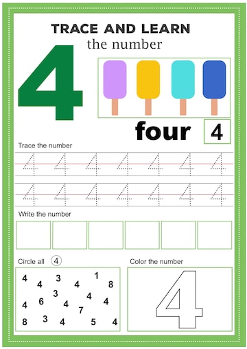 Premium Vector | Writing practice number four printable worksheet ...
