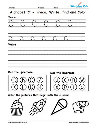 Alphabet Letter C Trace Write Find Color - Free printable PDF