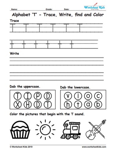 Alphabet Letter T Trace Write Find Color - Free printable PDF