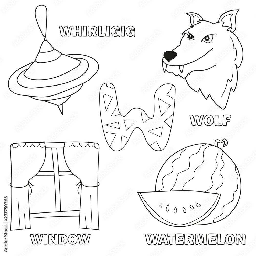 Black and White Cartoon Vector Illustration of Letter W Worksheet ...