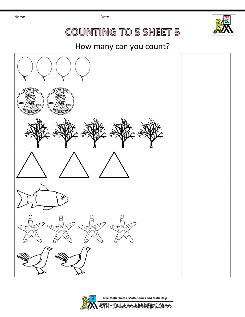 Preschool Counting Worksheets - Counting to 5