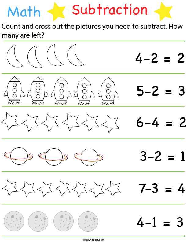 Preschool Math- Space Subtraction Math Worksheet - Twisty Noodle