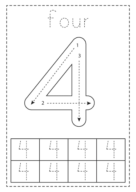 Premium Vector | Tracing number four Preschool worksheet Black and ...