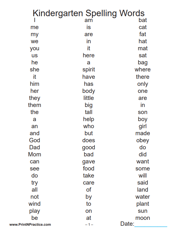preschool spelling words