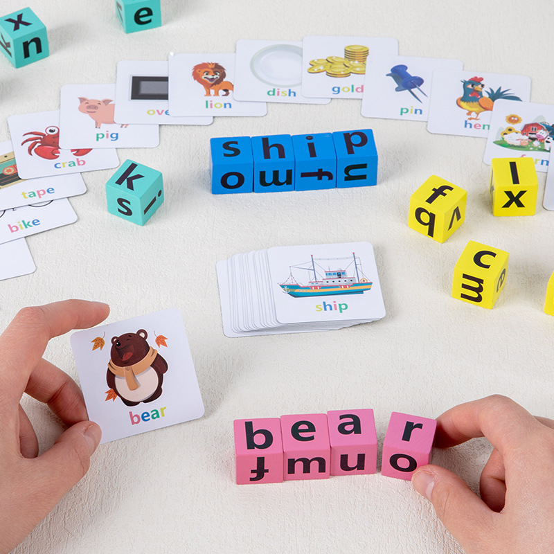 Wooden Word Spelling Game,Alphabet Learning Toy for Preschool Boys and  Girls,Letters Reading Building Blocks with 40 Cards