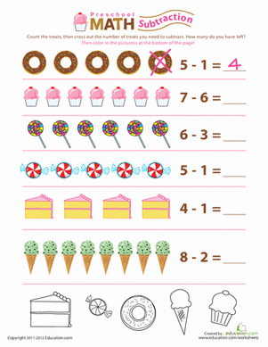 preschool subtraction worksheet with
