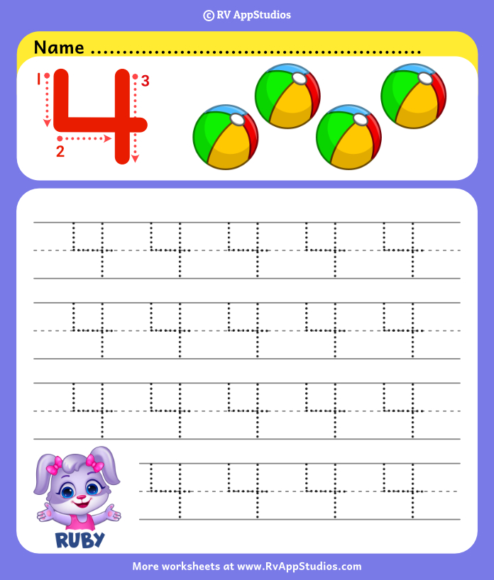 Number 4 Tracing Worksheets | Count and Trace Number 4
