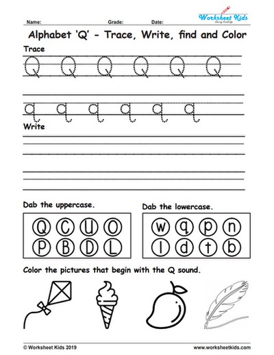 Alphabet Letter Q Trace Write Find Color - Free printable PDF