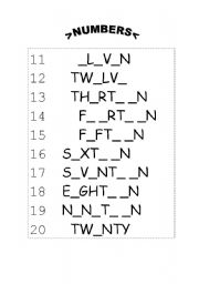numbers 11 to 20 - ESL worksheet by melon88