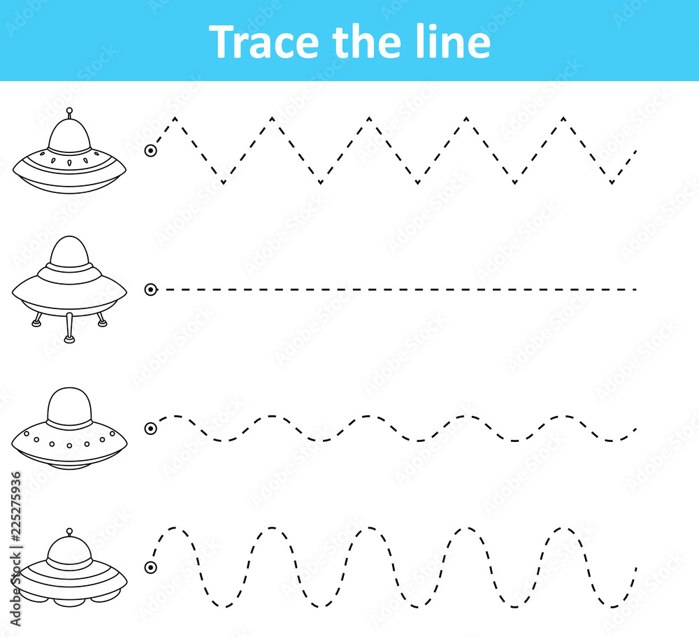 Trace line worksheet for preschool kids with spaceship Stock ...