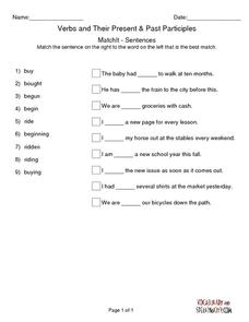 Verbs and Their Present &  Past Participles Worksheet for 6th - 8th ...