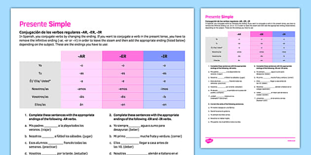 present tense ar verbs spanish worksheet
