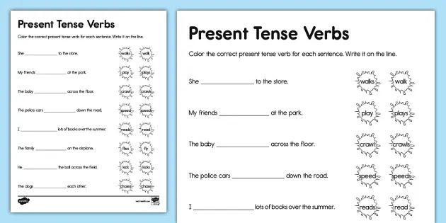 Present Tense Verbs Complete the Sentence Activity for K-2nd