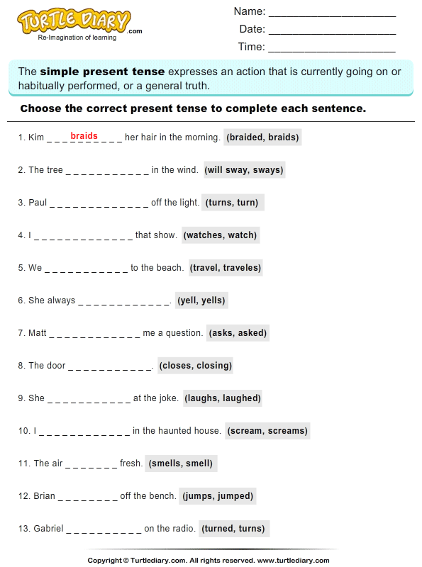 present tense verb worksheet for 3rd grade