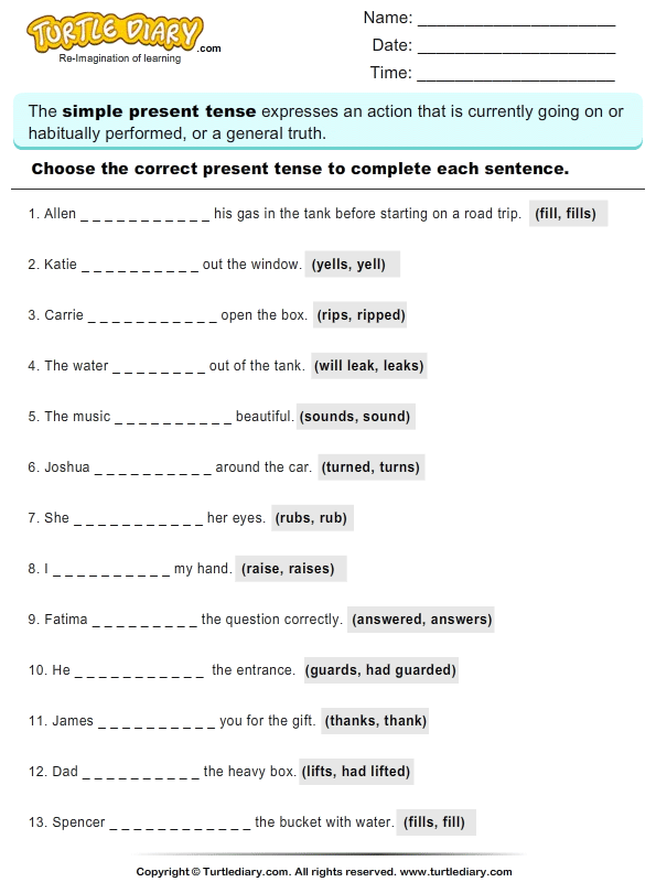 Writing Present Tense of Verb | Turtle Diary Worksheet