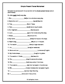 English Present Tense Verbs Worksheet by ESL by Angelica Limonta