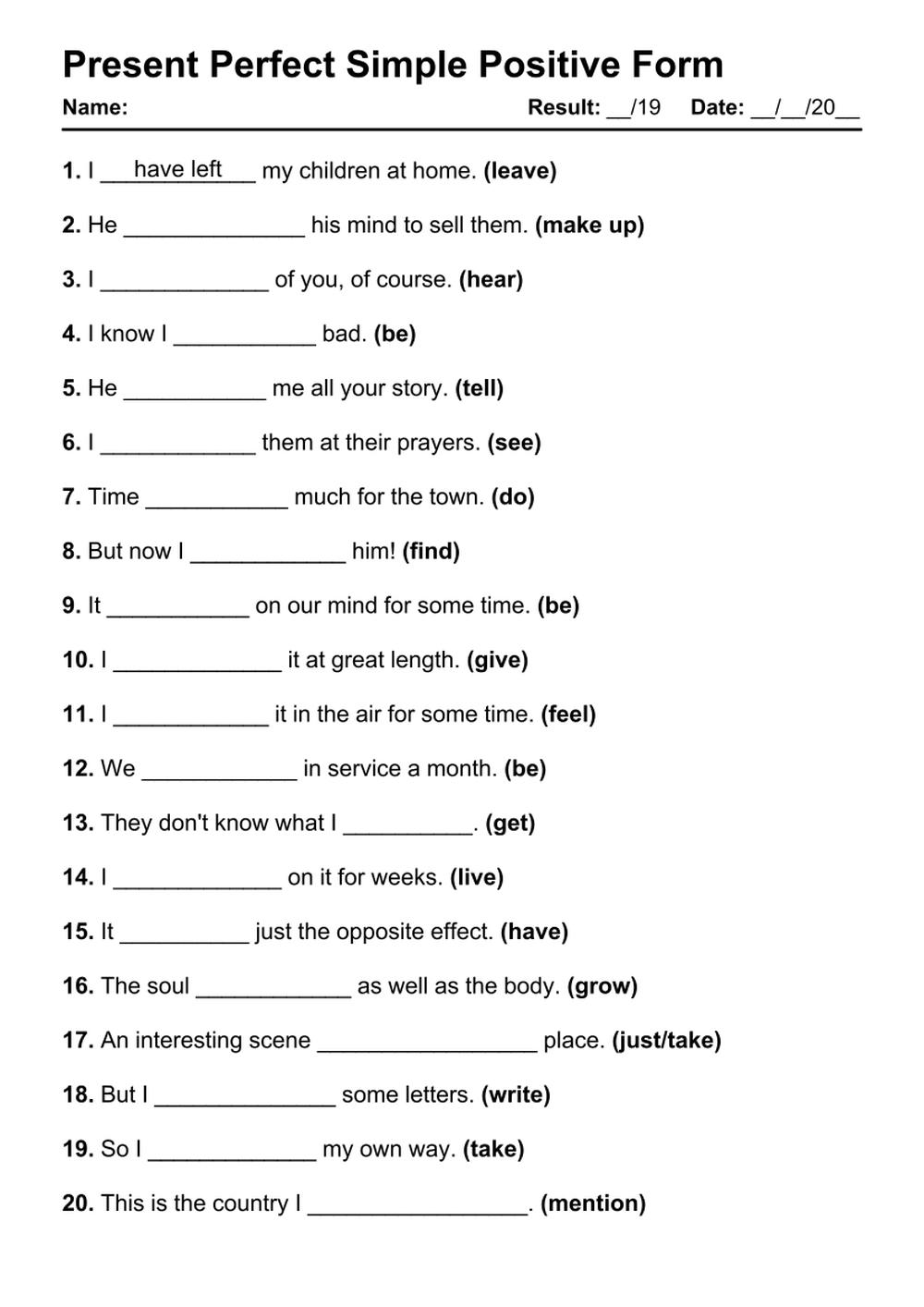 101 Printable Present Perfect Positive PDF Worksheets - Grammarism
