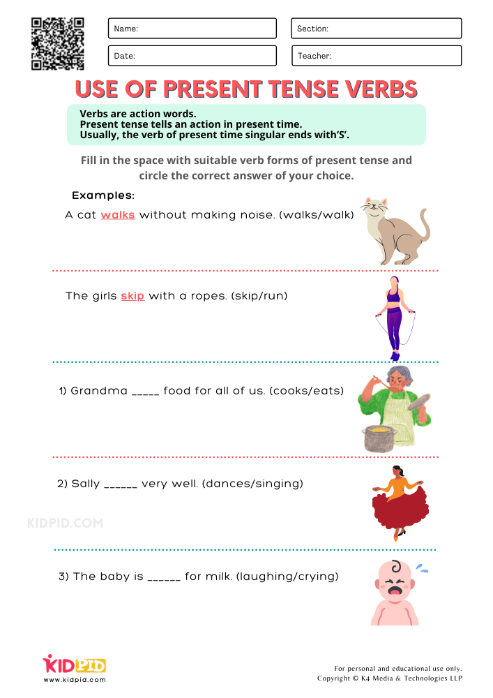 Use of Present Tense Verbs Printable Worksheets for Grade 1 - Kidpid