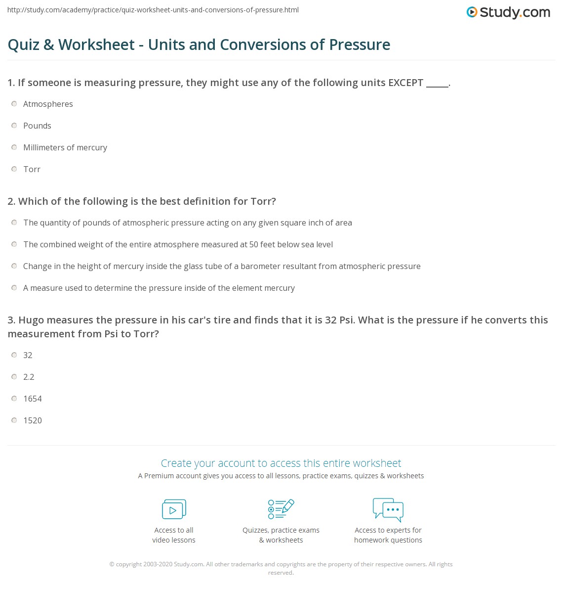 Quiz &  Worksheet - Units and Conversions of Pressure | Study.com