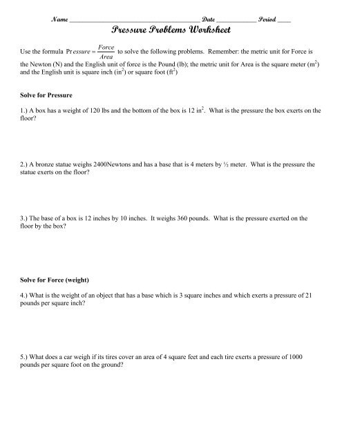 Pressure Problems Worksheet #1 - Colina Middle School