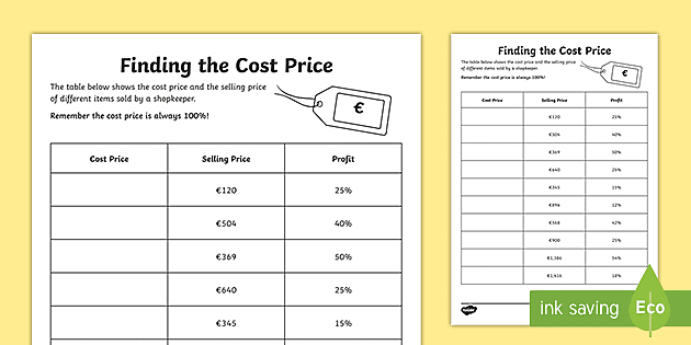 Finding the Cost Price Worksheet 2 (teacher made) - Twinkl