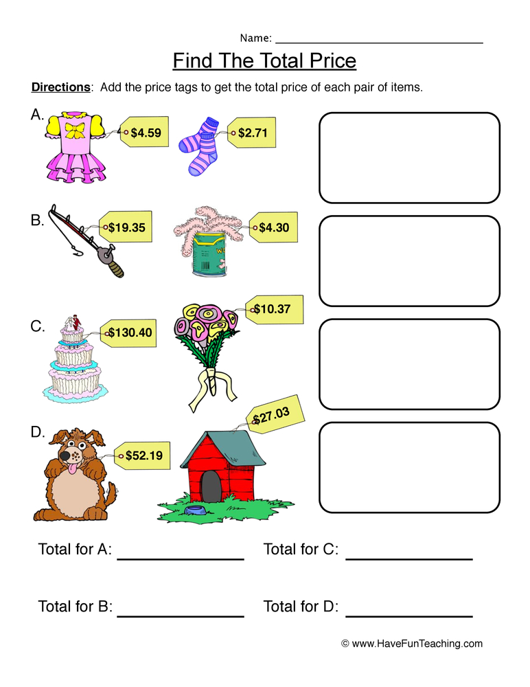 Find the Total Price Pictures Worksheet  