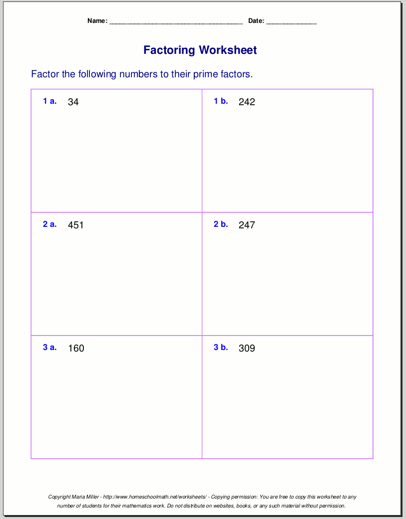 Free worksheets for prime factorization / find factors of a number