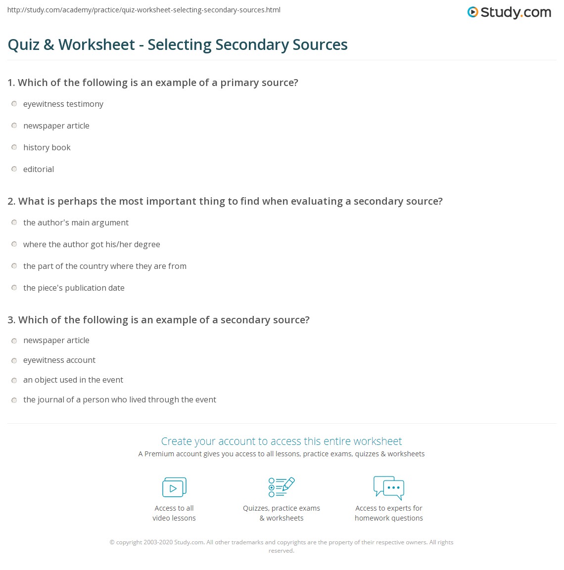 Quiz &  Worksheet - Selecting Secondary Sources | Study.com