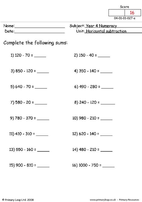 Numeracy: Horizontal subtraction | Worksheet | PrimaryLeap.co.uk