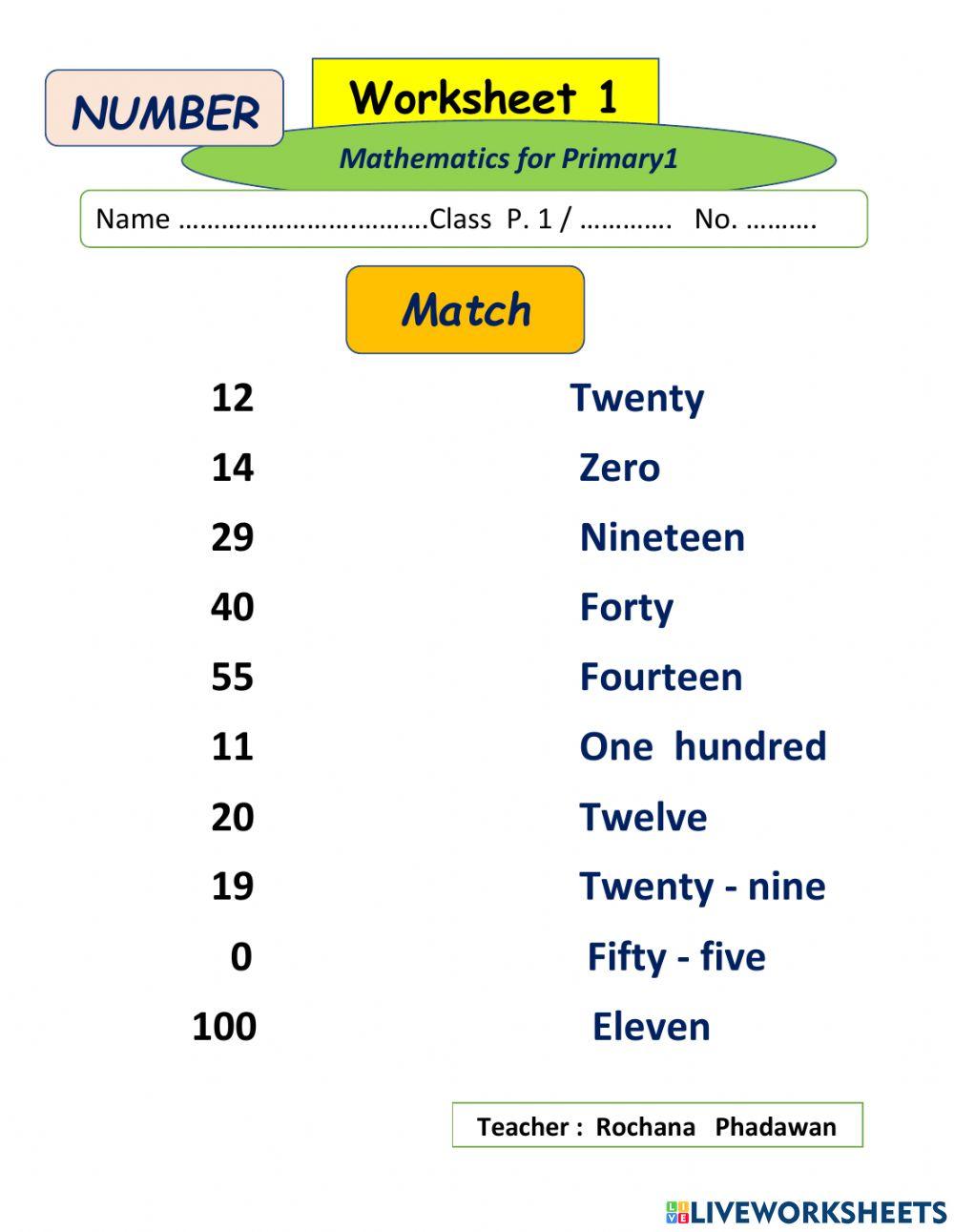 Worksheet 1 for Primary 1 ( Mathematics) worksheet  