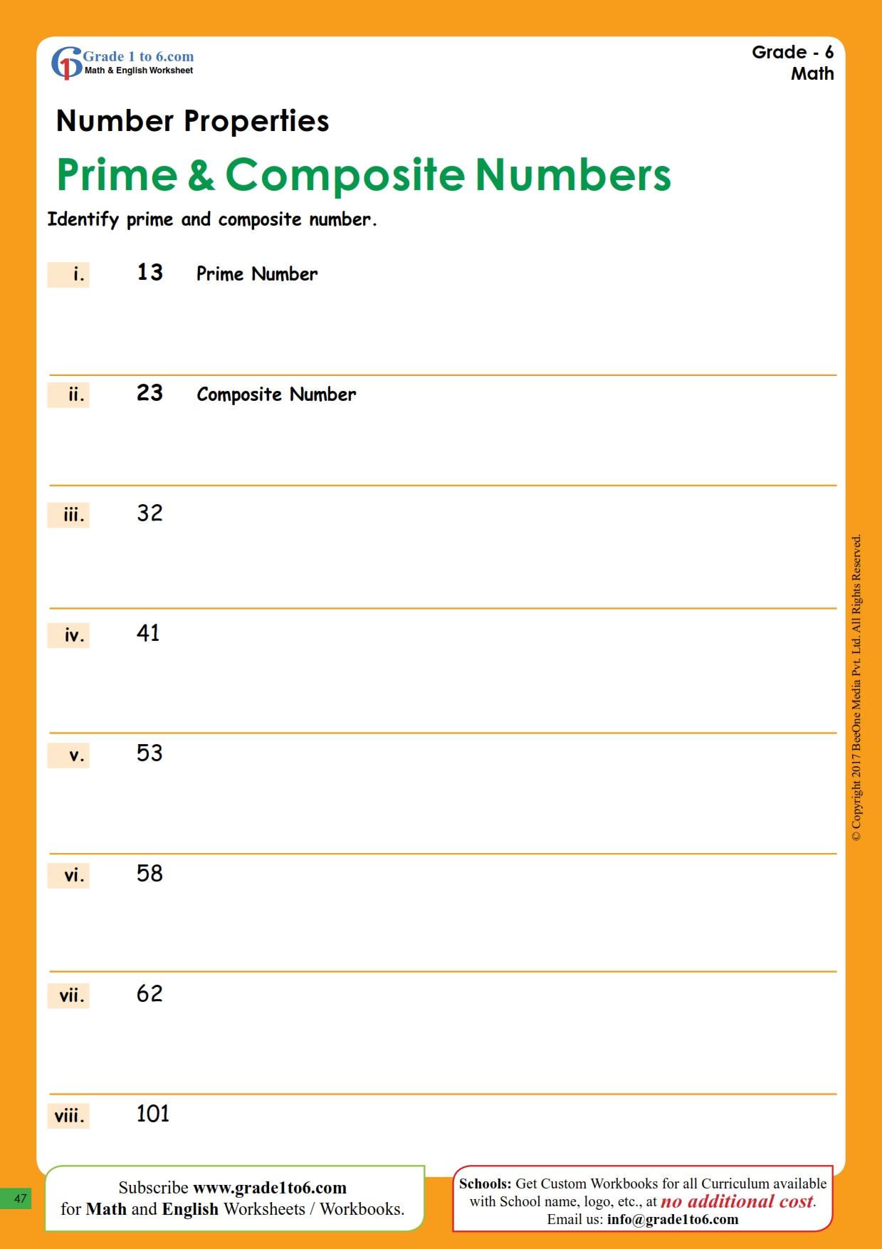 Prime and Composite Numbers Worksheets | Grade1to6.com