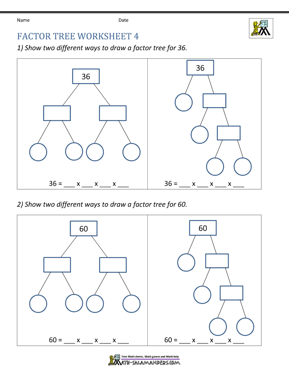 Factor Tree Worksheets page