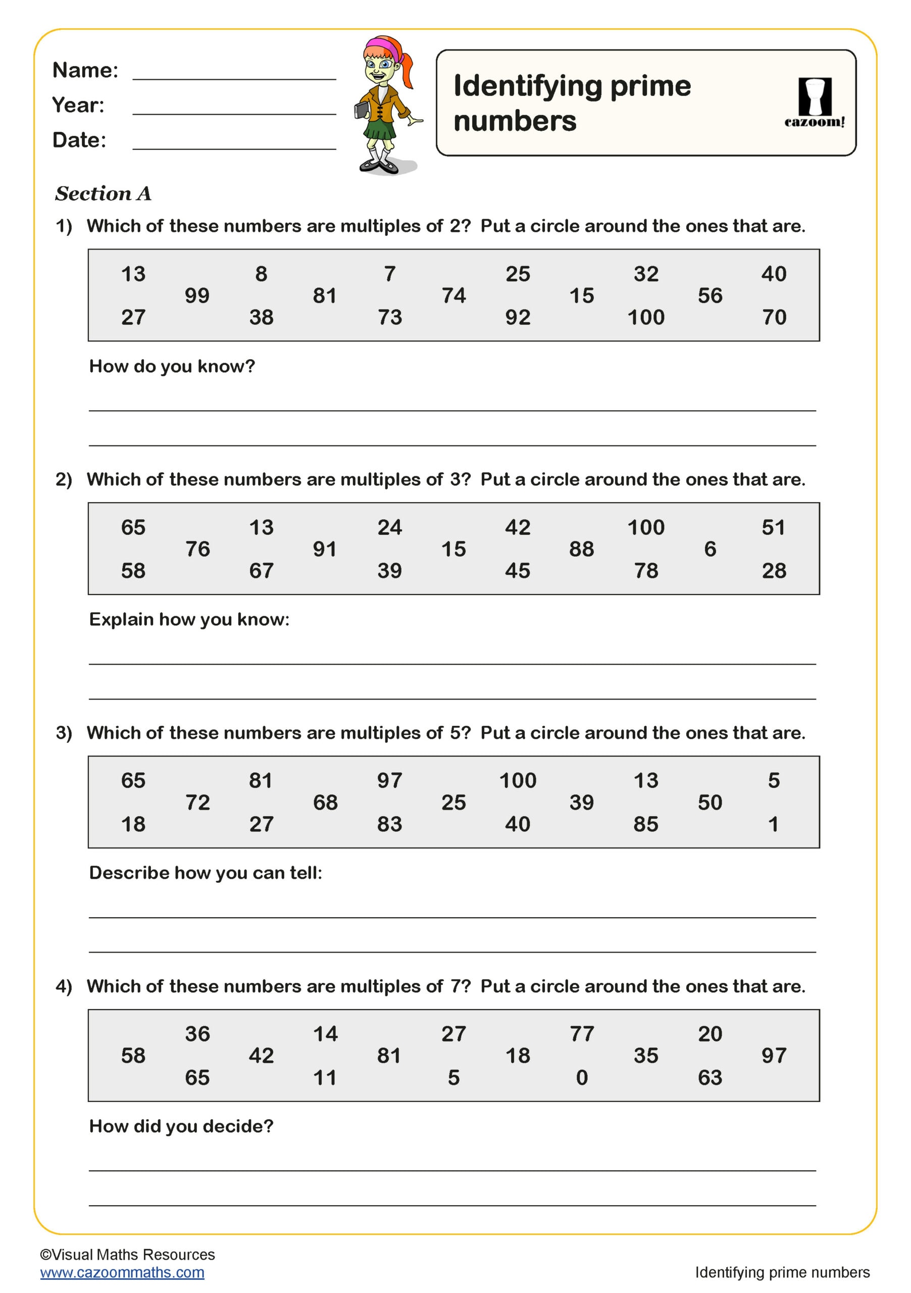 Identifying Prime Numbers Worksheet | Key Stage 2 PDF Number ...