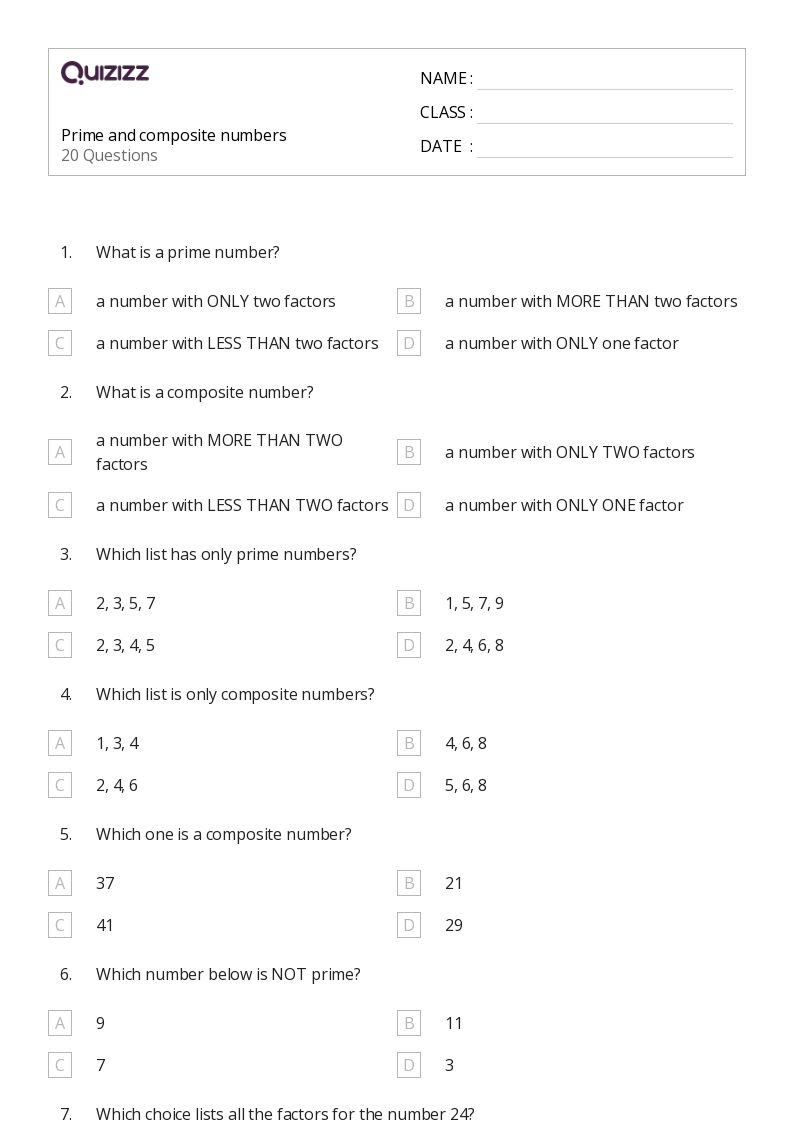 50+ Prime and Composite Numbers worksheets for 6th Year on Quizizz ...
